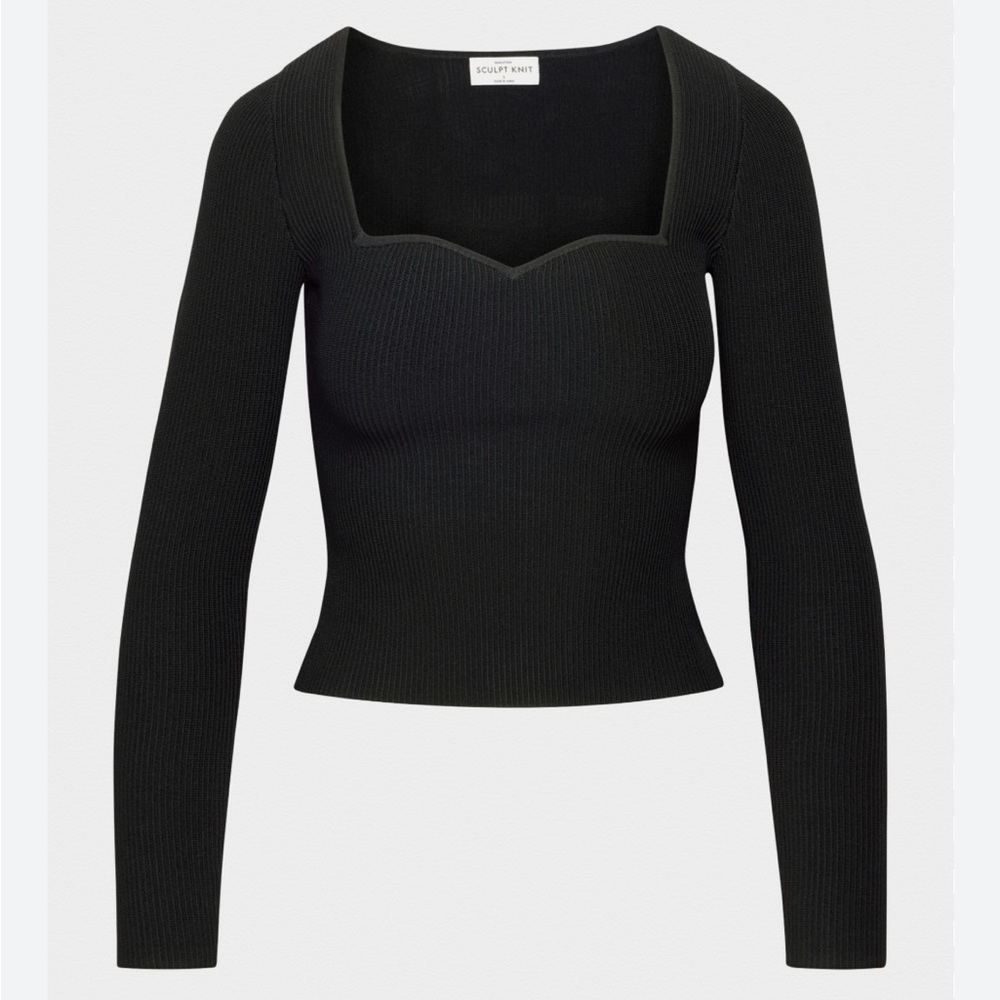 Babaton Black Ribbed Long-Sleeve Square-Neck Top